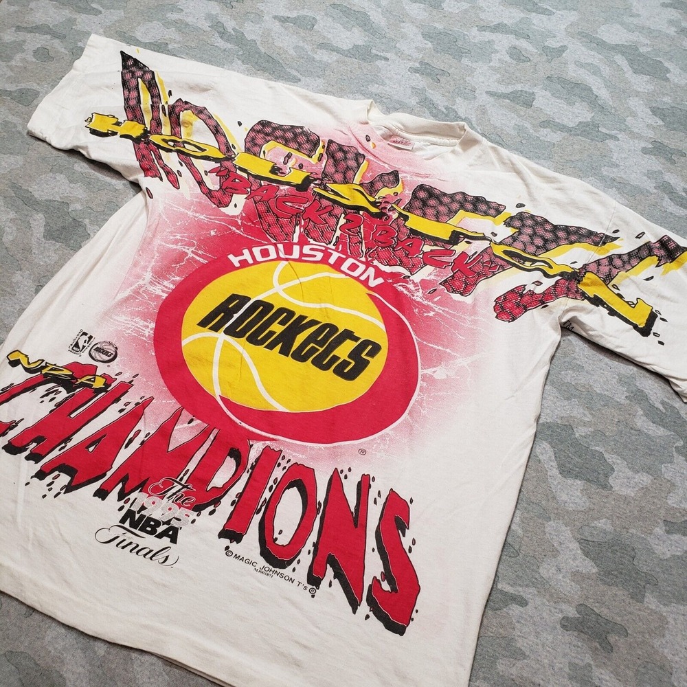Vintage Houston Rockets Shirt Mens Large White AOP Single Stitch Magic Johnson